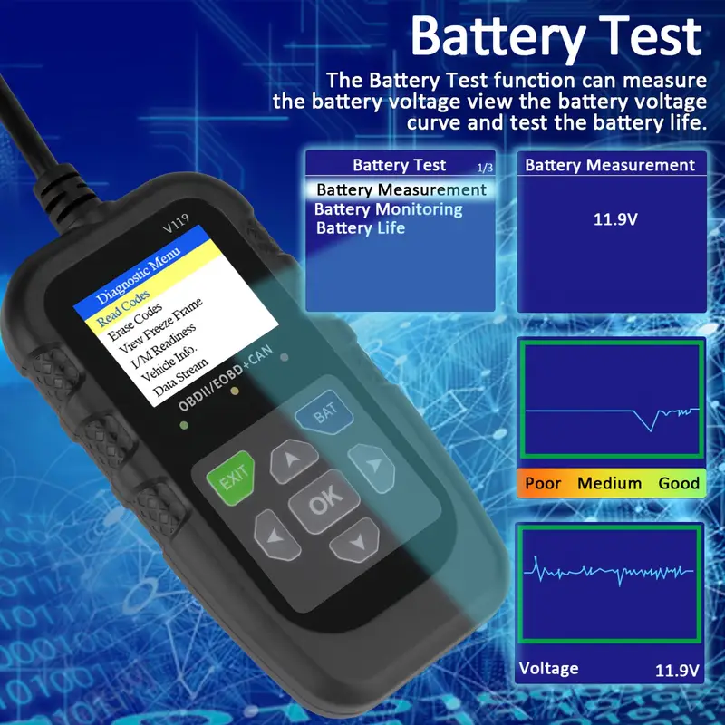 V119 OBD2 Scanner Codeleser US – Power Supply Tester Bewertung und Preis